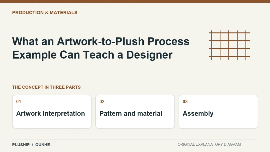 What an Artwork-to-Plush Process Example Can Teach a Designer — concept overview: Artwork interpretation, Pattern and material, Assembly.