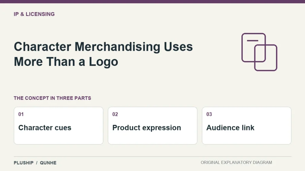 Character Merchandising Uses More Than a Logo — concept overview: Character cues, Product expression, Audience link.