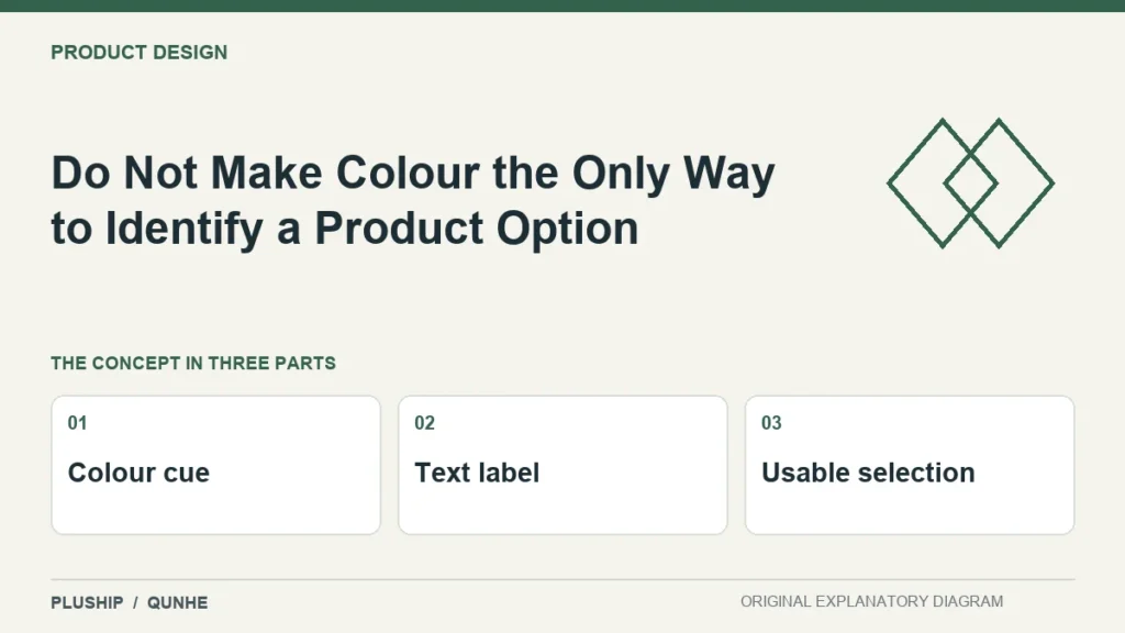 Do Not Make Colour the Only Way to Identify a Product Option — concept overview: Colour cue, Text label, Usable selection.