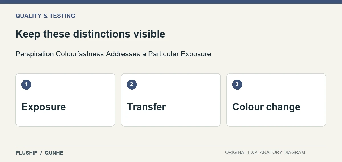 Review distinctions for Perspiration Colourfastness Addresses a Particular Exposure: Exposure; Transfer; Colour change.