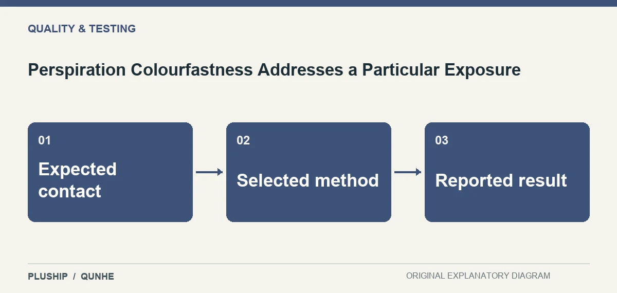 Topic map for Perspiration Colourfastness Addresses a Particular Exposure: Expected contact; Selected method; Reported result.
