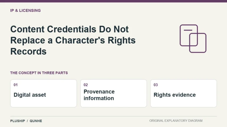 Content Credentials Do Not Replace a Character's Rights Records — concept overview: Digital asset, Provenance information, Rights evidence.