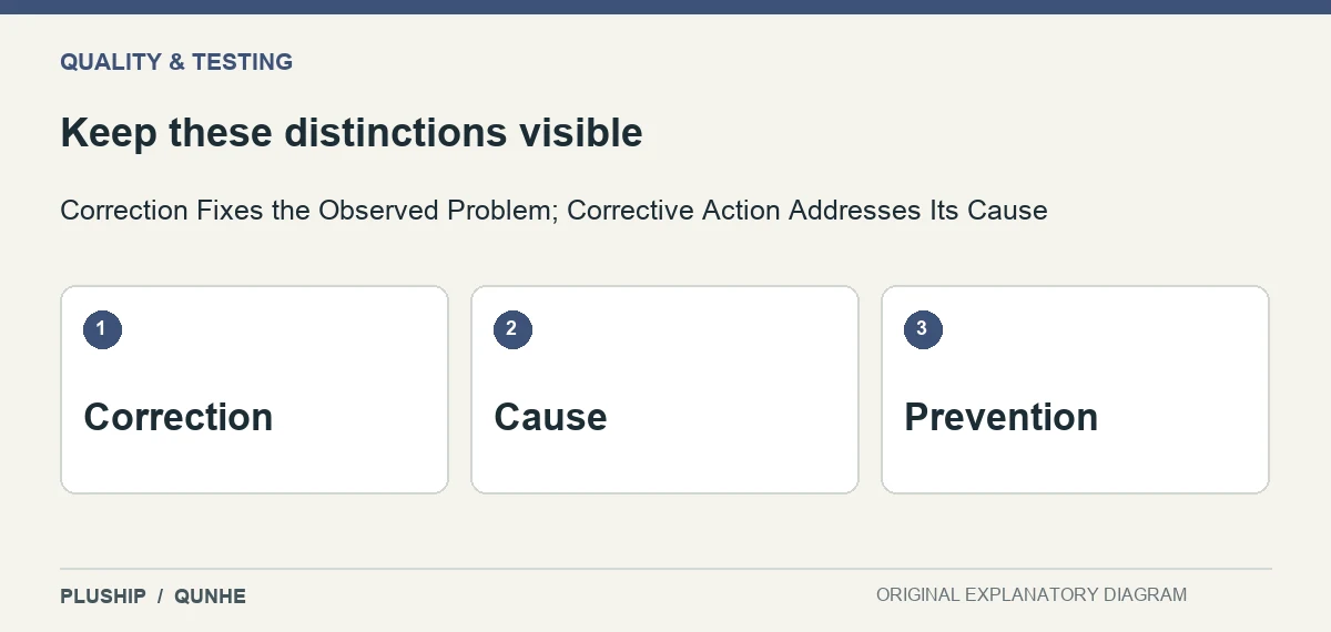 Review distinctions for Correction Fixes the Observed Problem; Corrective Action Addresses Its Cause: Correction; Cause; Prevention.