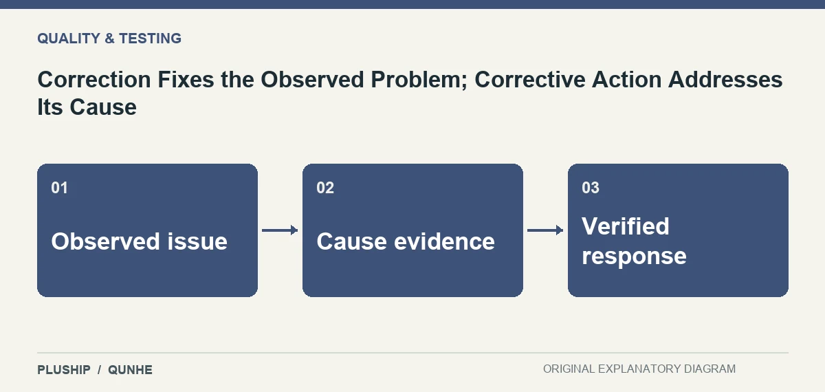 Topic map for Correction Fixes the Observed Problem; Corrective Action Addresses Its Cause: Observed issue; Cause evidence; Verified response.