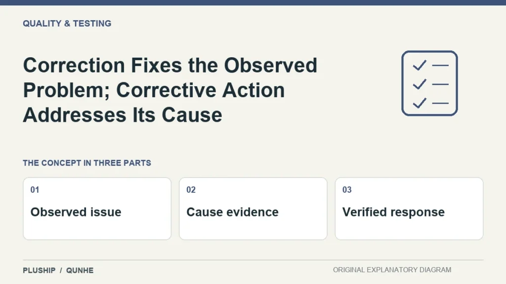 Correction Fixes the Observed Problem; Corrective Action Addresses Its Cause — concept overview: Observed issue, Cause evidence, Verified response.