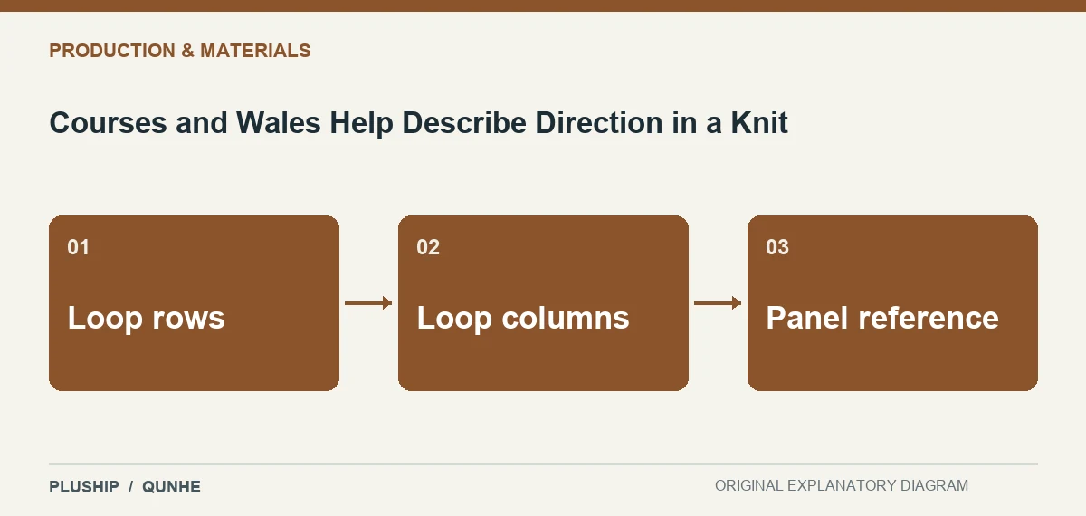 Topic map for Courses and Wales Help Describe Direction in a Knit: Loop rows; Loop columns; Panel reference.