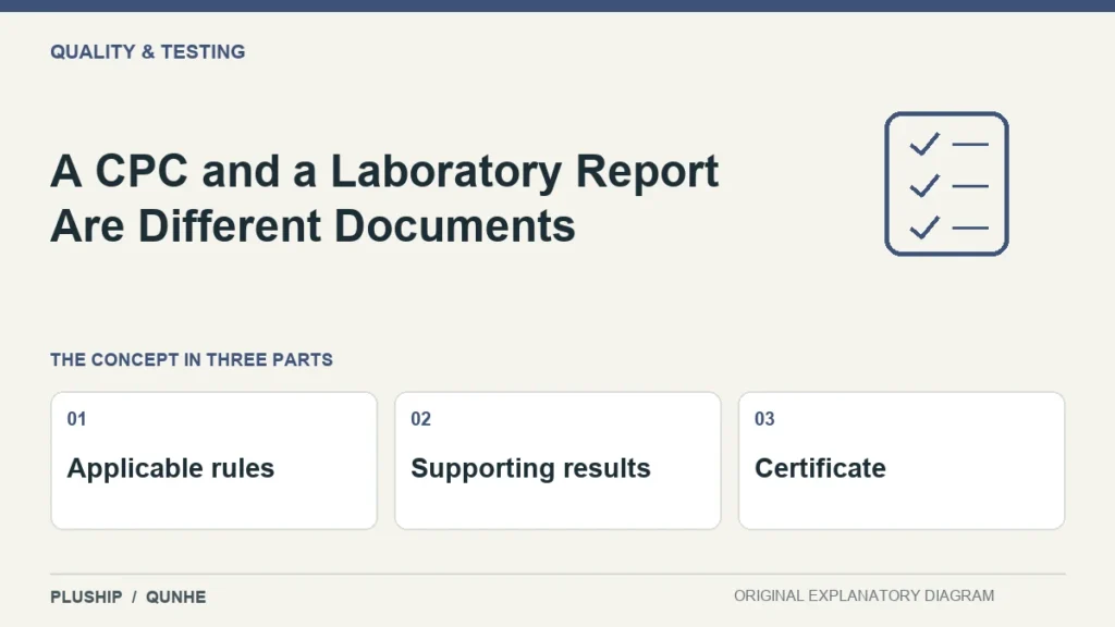 A CPC and a Laboratory Report Are Different Documents — concept overview: Applicable rules, Supporting results, Certificate.