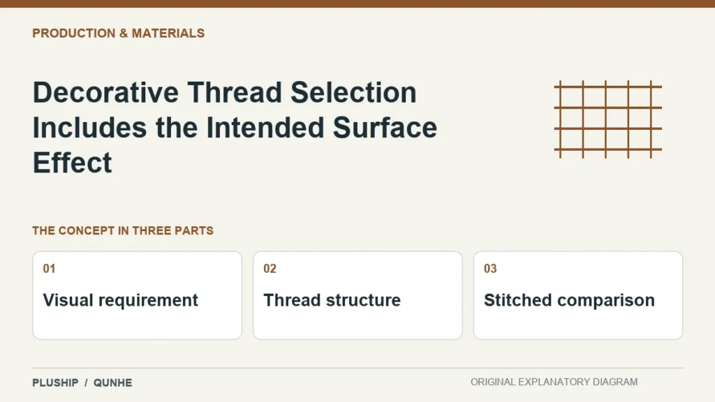 Decorative Thread Selection Includes the Intended Surface Effect — concept overview: Visual requirement, Thread structure, Stitched comparison.