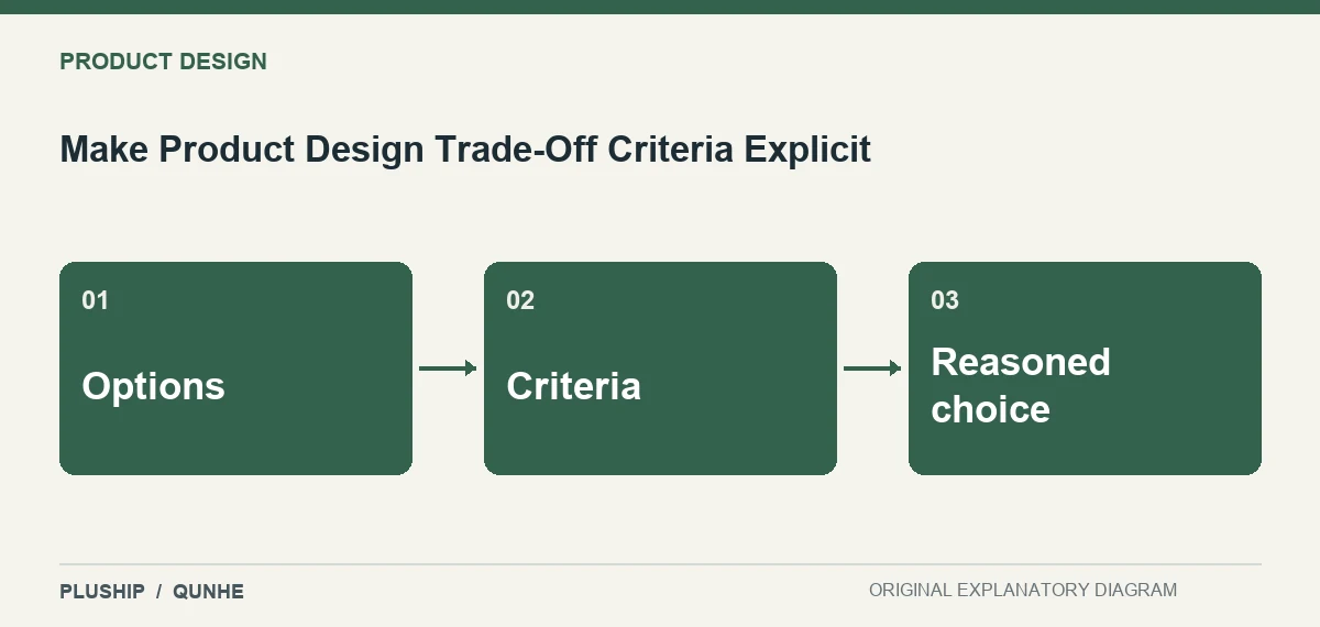 Topic map for Make Product Design Trade-Off Criteria Explicit: Options; Criteria; Reasoned choice.