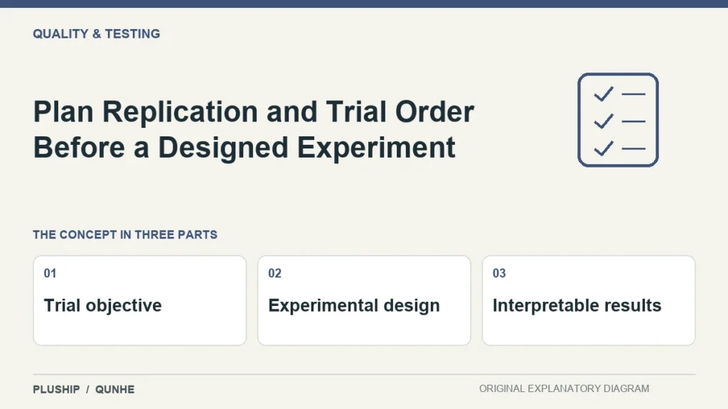 Plan Replication and Trial Order Before a Designed Experiment — concept overview: Trial objective, Experimental design, Interpretable results.