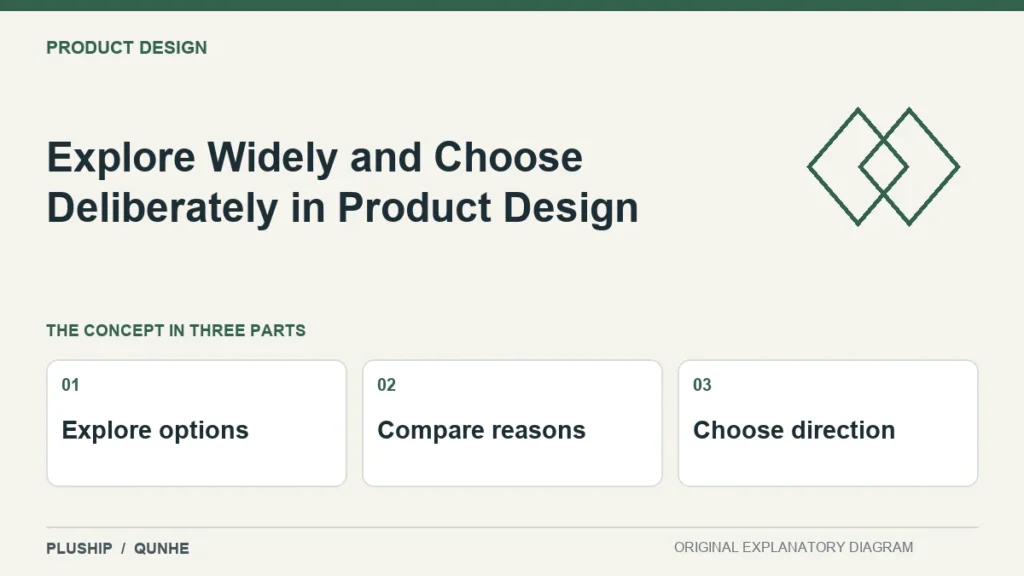 Explore Widely and Choose Deliberately in Product Design — concept overview: Explore options, Compare reasons, Choose direction.
