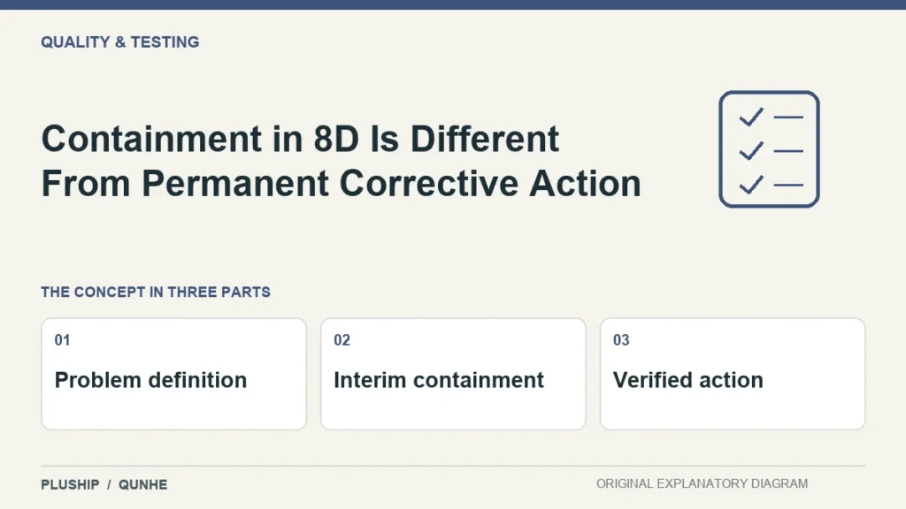 Containment in 8D Is Different From Permanent Corrective Action — concept overview: Problem definition, Interim containment, Verified action.