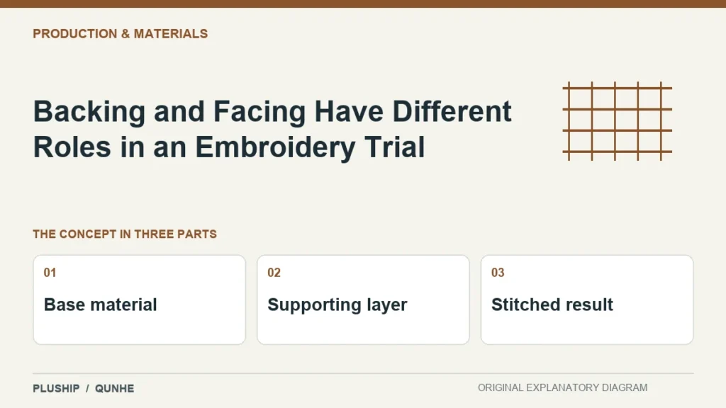 Backing and Facing Have Different Roles in an Embroidery Trial — concept overview: Base material, Supporting layer, Stitched result.