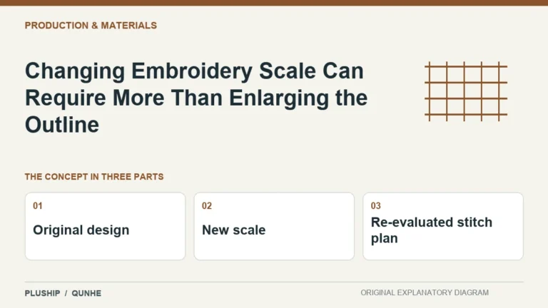 Changing Embroidery Scale Can Require More Than Enlarging the Outline — concept overview: Original design, New scale, Re-evaluated stitch plan.