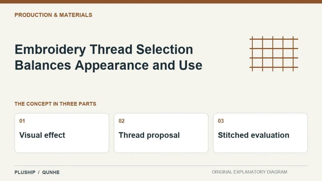 Embroidery Thread Selection Balances Appearance and Use — concept overview: Visual effect, Thread proposal, Stitched evaluation.