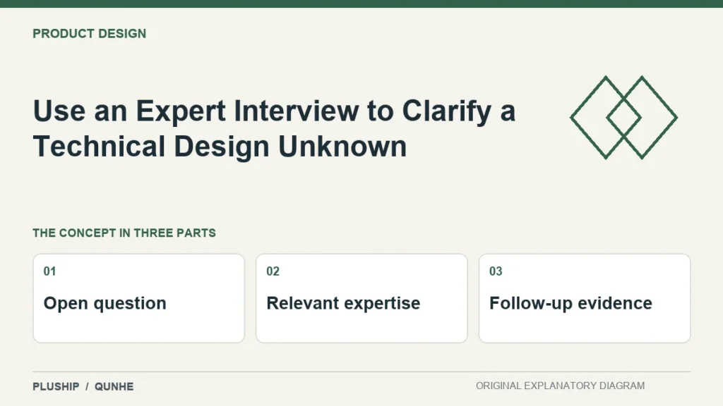 Use an Expert Interview to Clarify a Technical Design Unknown — concept overview: Open question, Relevant expertise, Follow-up evidence.