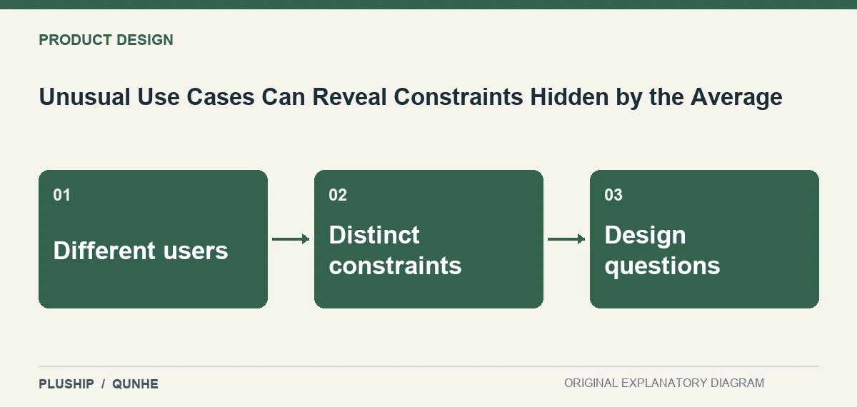 Topic map for Unusual Use Cases Can Reveal Constraints Hidden by the Average: Different users; Distinct constraints; Design questions.
