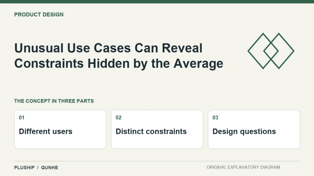 Unusual Use Cases Can Reveal Constraints Hidden by the Average — concept overview: Different users, Distinct constraints, Design questions.
