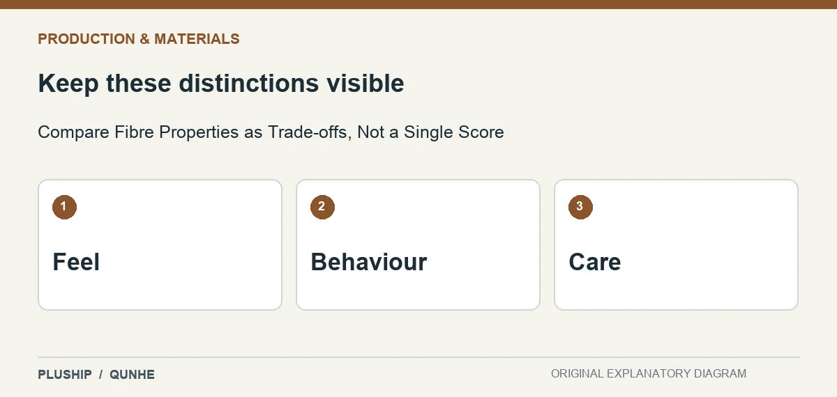 Review distinctions for Compare Fibre Properties as Trade-offs, Not a Single Score: Feel; Behaviour; Care.