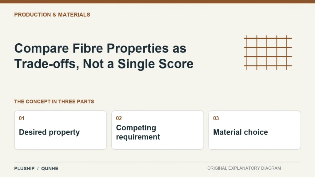 Compare Fibre Properties as Trade-offs, Not a Single Score — concept overview: Desired property, Competing requirement, Material choice.