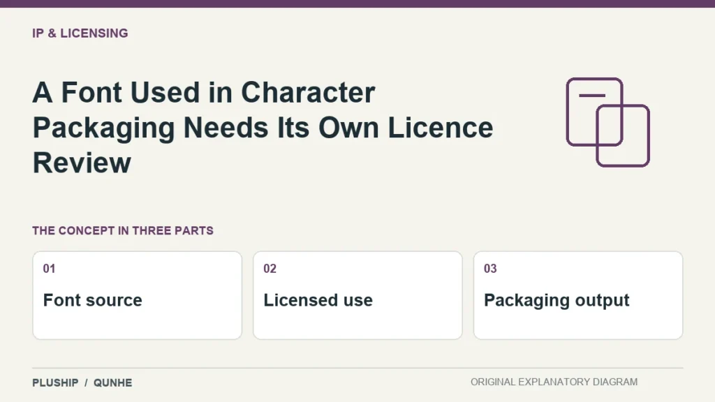 A Font Used in Character Packaging Needs Its Own Licence Review — concept overview: Font source, Licensed use, Packaging output.