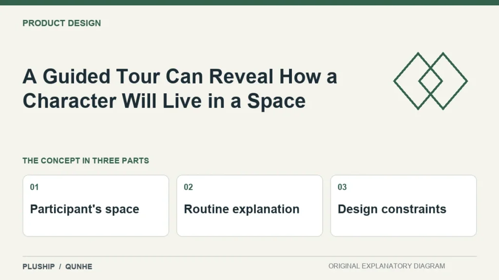 A Guided Tour Can Reveal How a Character Will Live in a Space — concept overview: Participant's space, Routine explanation, Design constraints.