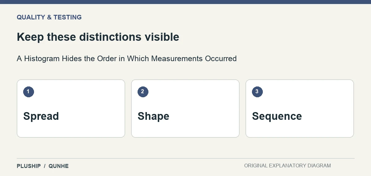 Review distinctions for A Histogram Hides the Order in Which Measurements Occurred: Spread; Shape; Sequence.