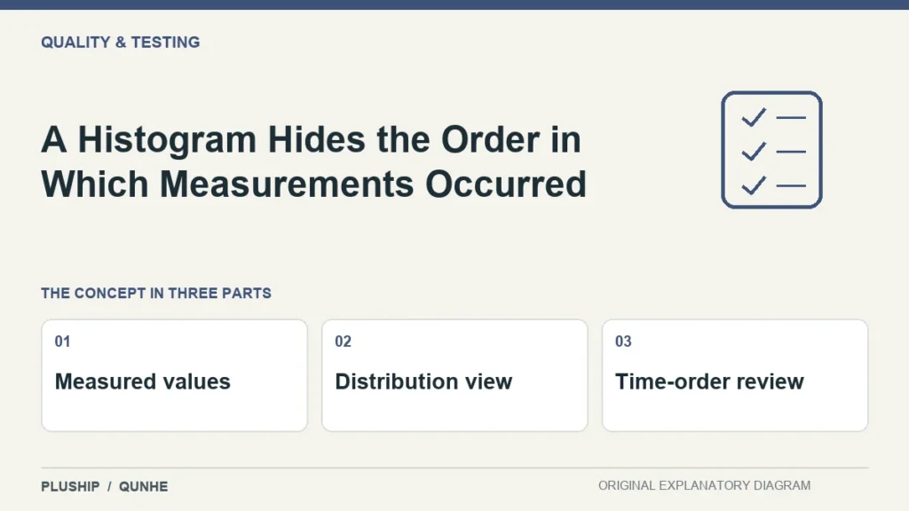 A Histogram Hides the Order in Which Measurements Occurred — concept overview: Measured values, Distribution view, Time-order review.
