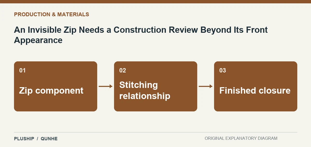 Topic map for An Invisible Zip Needs a Construction Review Beyond Its Front Appearance: Zip component; Stitching relationship; Finished closure.