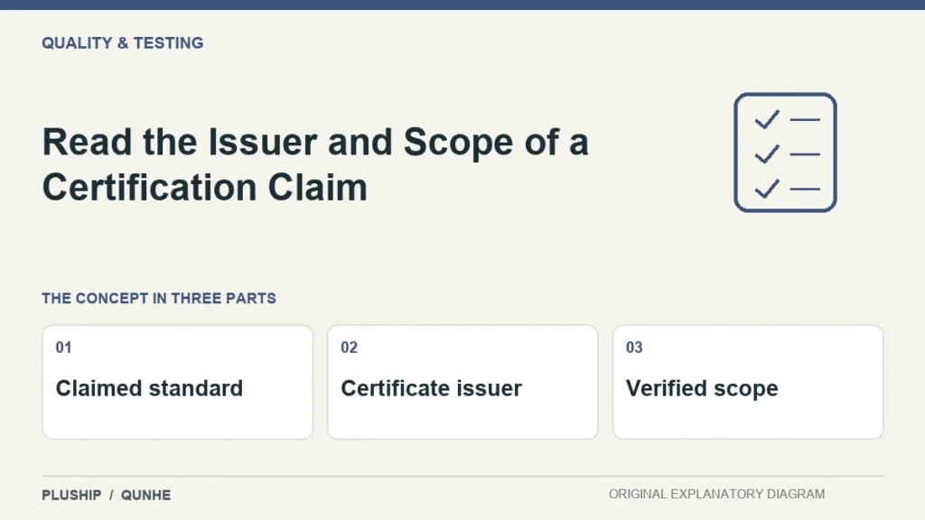 Read the Issuer and Scope of a Certification Claim — concept overview: Claimed standard, Certificate issuer, Verified scope.