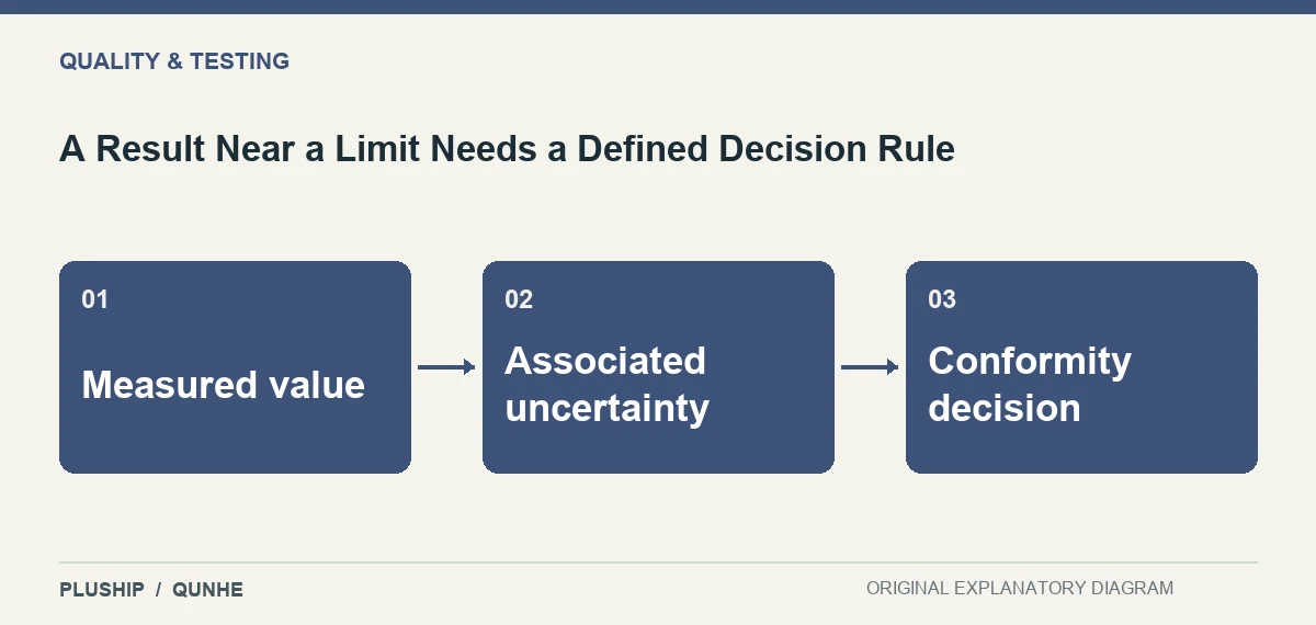 Topic map for A Result Near a Limit Needs a Defined Decision Rule: Measured value; Associated uncertainty; Conformity decision.