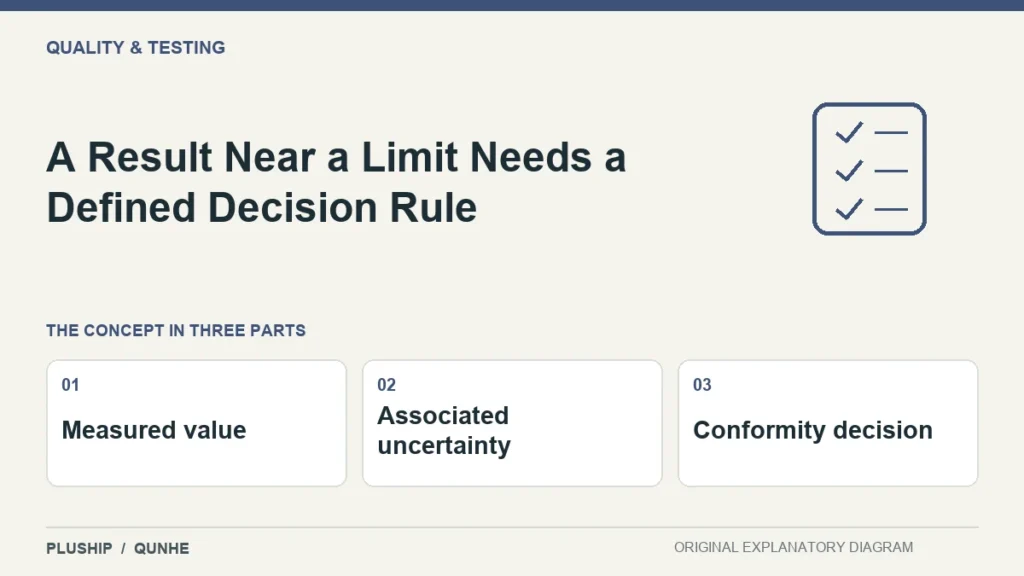 A Result Near a Limit Needs a Defined Decision Rule — concept overview: Measured value, Associated uncertainty, Conformity decision.