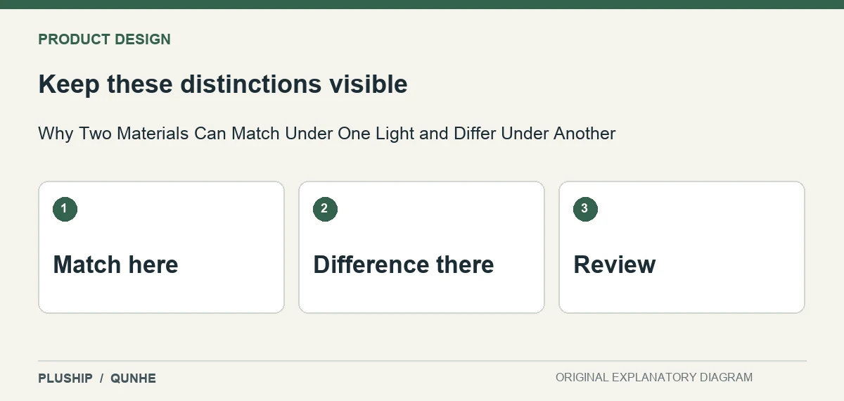 Review distinctions for Why Two Materials Can Match Under One Light and Differ Under Another: Match here; Difference there; Review.