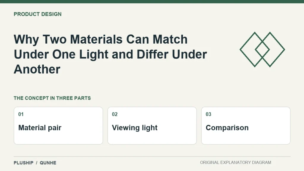 Why Two Materials Can Match Under One Light and Differ Under Another — concept overview: Material pair, Viewing light, Comparison.