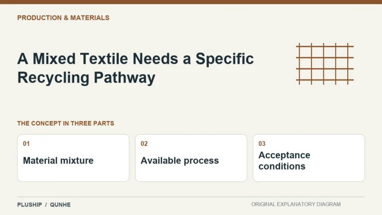 A Mixed Textile Needs a Specific Recycling Pathway — concept overview: Material mixture, Available process, Acceptance conditions.