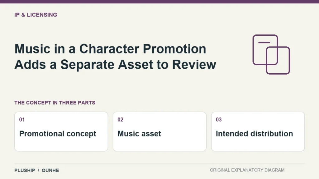 Music in a Character Promotion Adds a Separate Asset to Review — concept overview: Promotional concept, Music asset, Intended distribution.