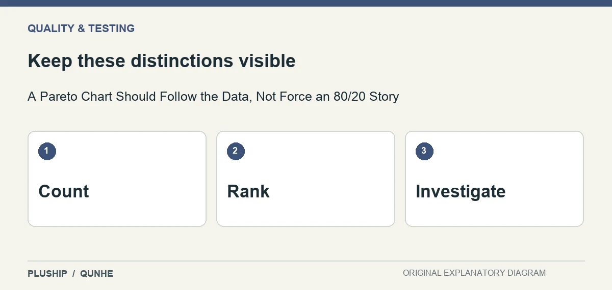 Review distinctions for A Pareto Chart Should Follow the Data, Not Force an 80/20 Story: Count; Rank; Investigate.