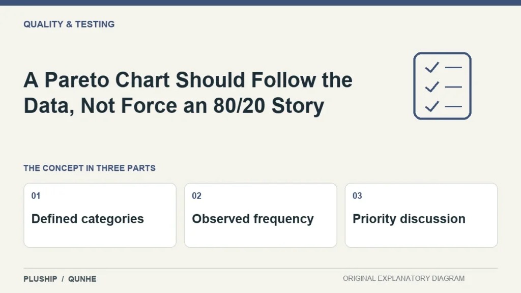 A Pareto Chart Should Follow the Data, Not Force an 80/20 Story — concept overview: Defined categories, Observed frequency, Priority discussion.