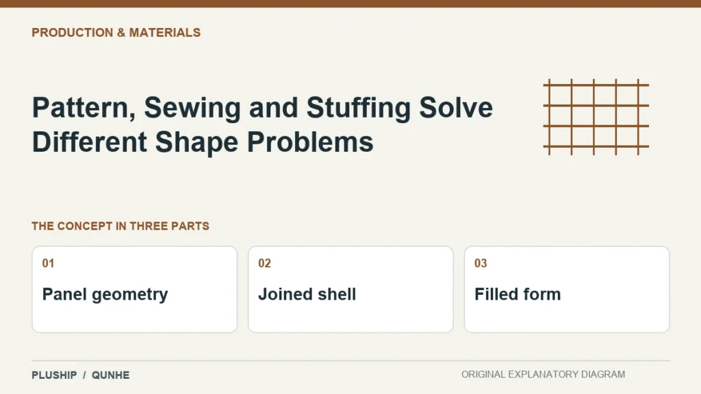 Pattern, Sewing and Stuffing Solve Different Shape Problems — concept overview: Panel geometry, Joined shell, Filled form.