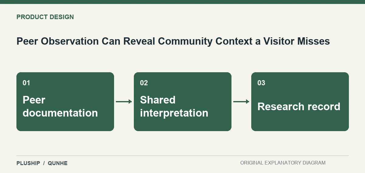 Topic map for Peer Observation Can Reveal Community Context a Visitor Misses: Peer documentation; Shared interpretation; Research record.