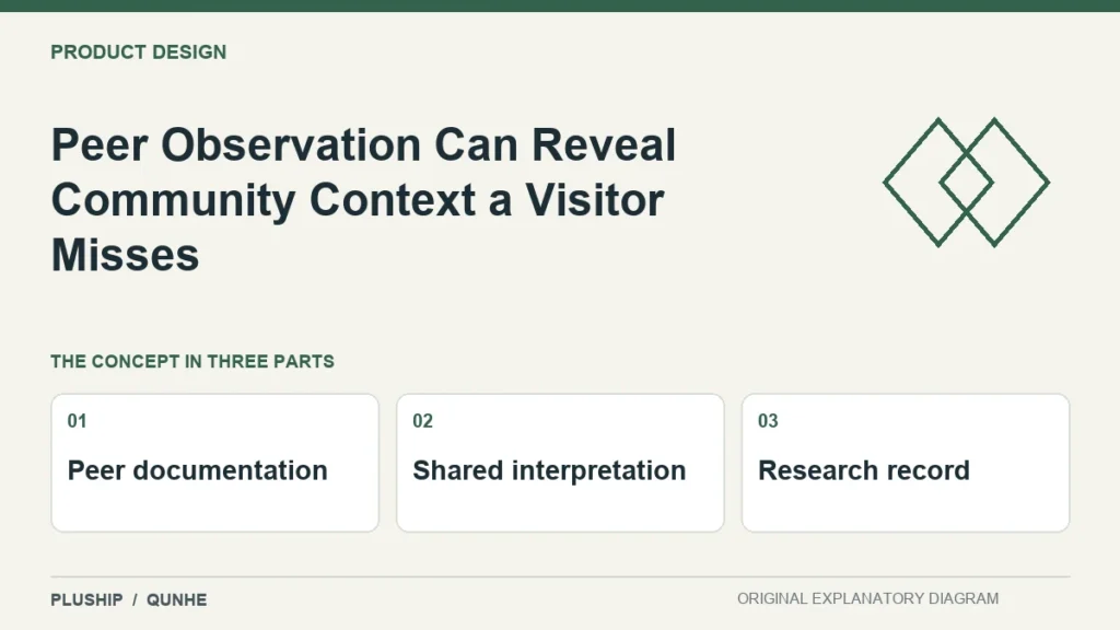 Peer Observation Can Reveal Community Context a Visitor Misses — concept overview: Peer documentation, Shared interpretation, Research record.