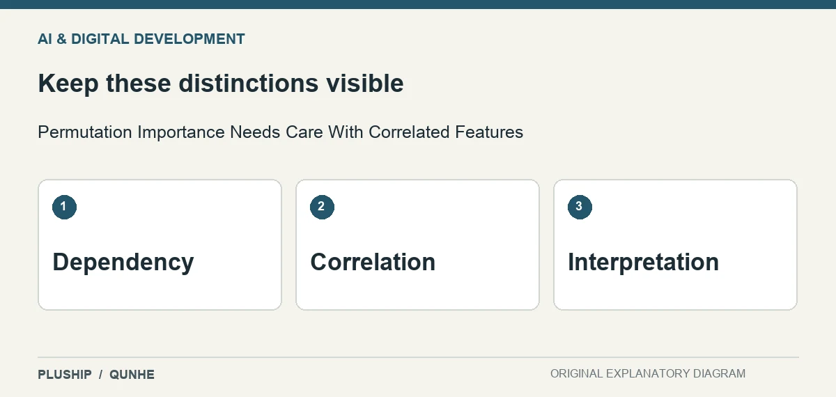 Review distinctions for Permutation Importance Needs Care With Correlated Features: Dependency; Correlation; Interpretation.