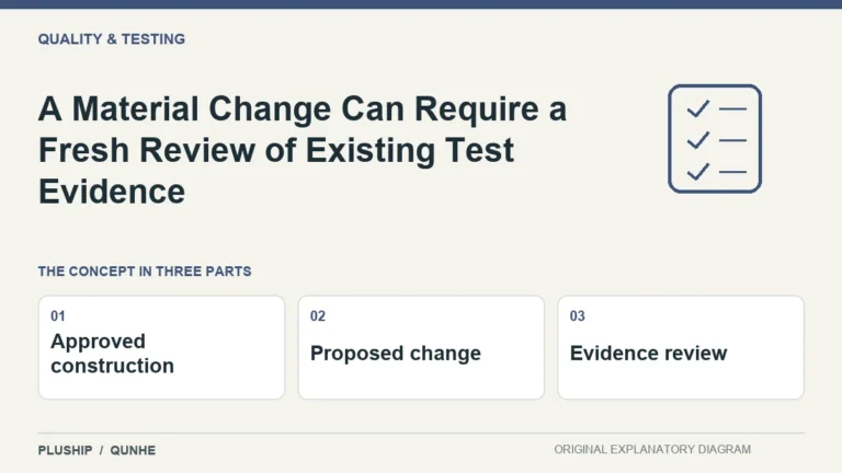 A Material Change Can Require a Fresh Review of Existing Test Evidence — concept overview: Approved construction, Proposed change, Evidence review.