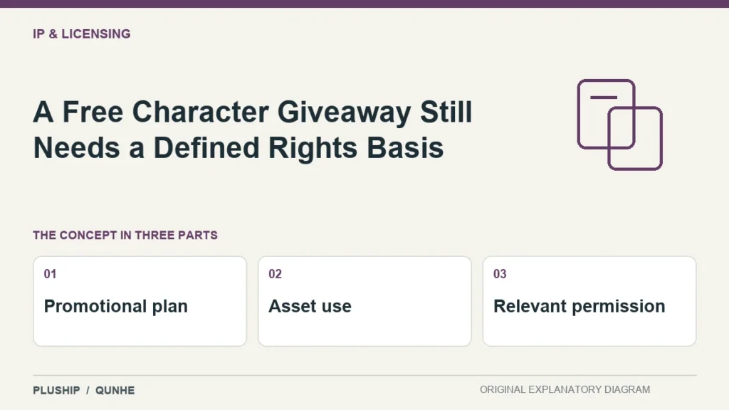 A Free Character Giveaway Still Needs a Defined Rights Basis — concept overview: Promotional plan, Asset use, Relevant permission.