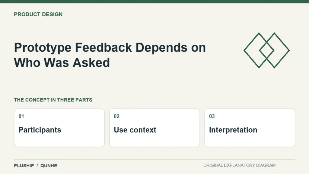Prototype Feedback Depends on Who Was Asked — concept overview: Participants, Use context, Interpretation.