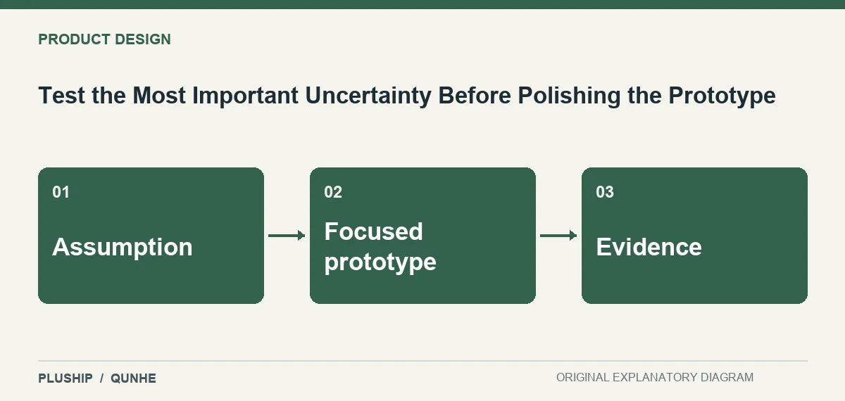 Topic map for Test the Most Important Uncertainty Before Polishing the Prototype: Assumption; Focused prototype; Evidence.