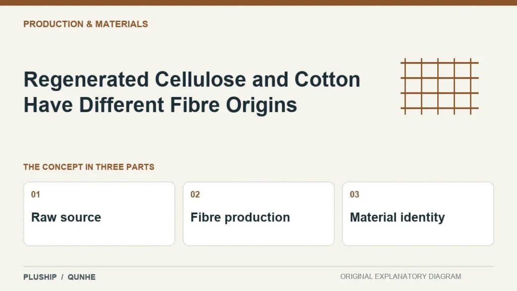 Regenerated Cellulose and Cotton Have Different Fibre Origins — concept overview: Raw source, Fibre production, Material identity.