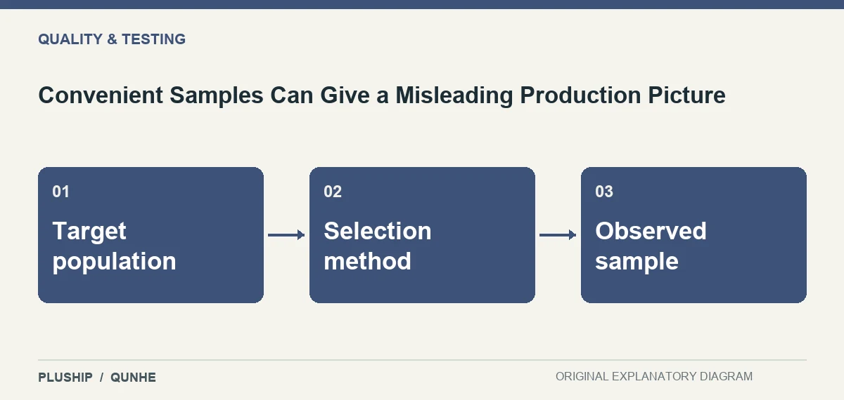 Topic map for Convenient Samples Can Give a Misleading Production Picture: Target population; Selection method; Observed sample.