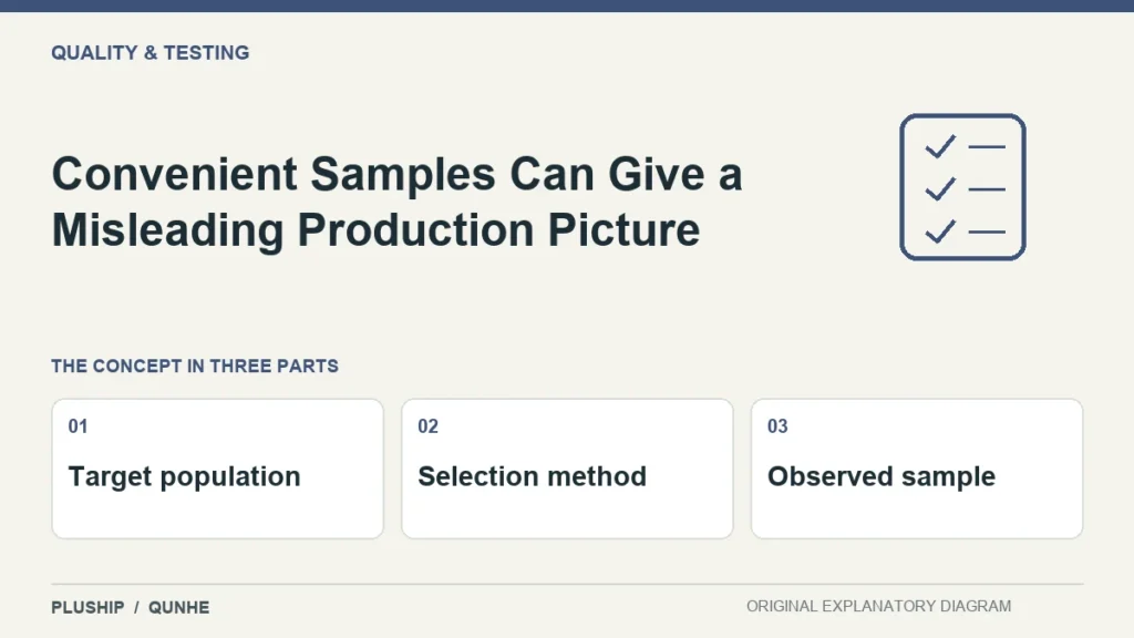 Convenient Samples Can Give a Misleading Production Picture — concept overview: Target population, Selection method, Observed sample.