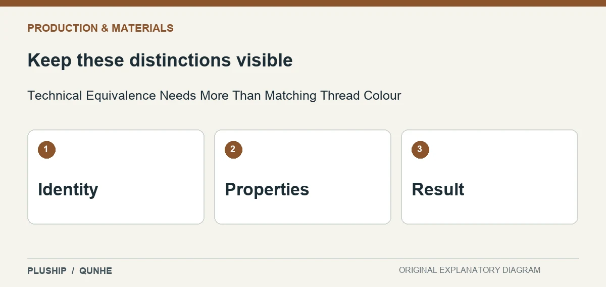 Review distinctions for Technical Equivalence Needs More Than Matching Thread Colour: Identity; Properties; Result.